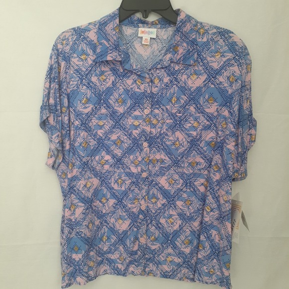 Women's LuLaRoe Amy Button Up Collared‎ Top Size XS Pink Blue - Picture 2 of 10